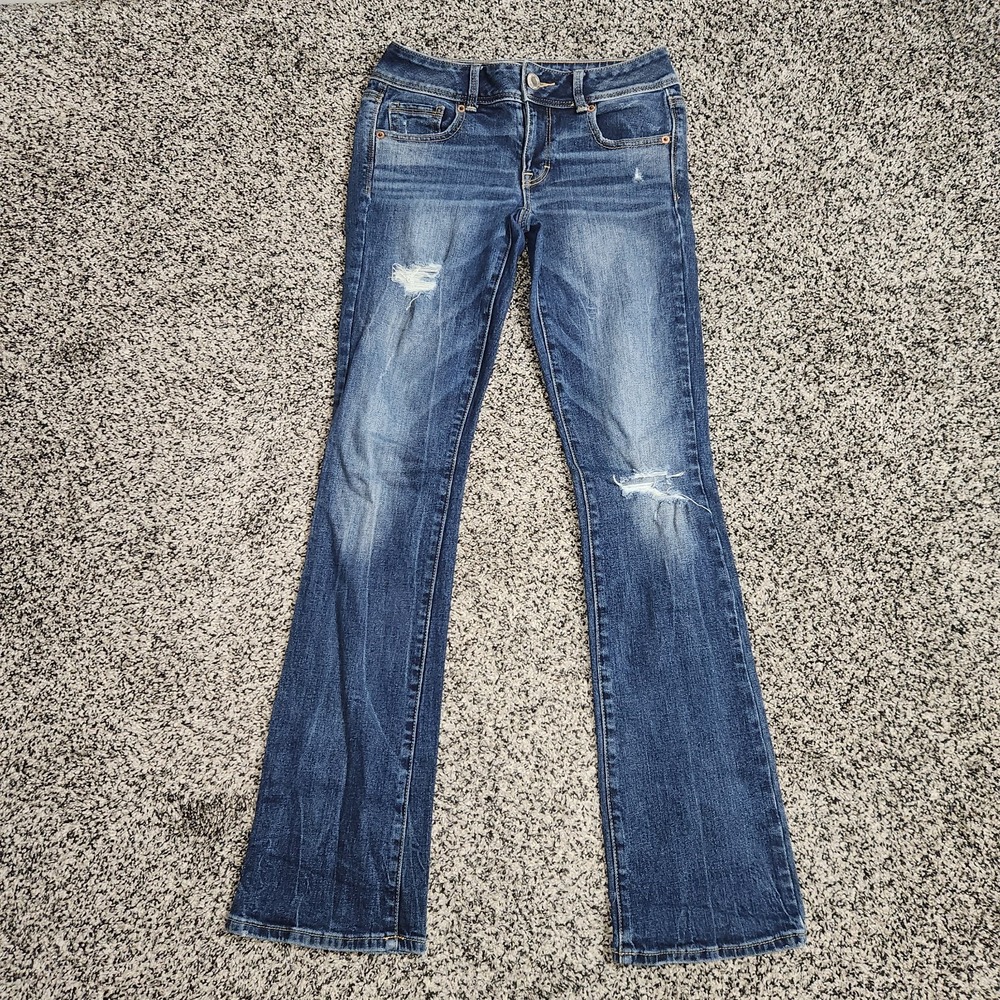 Y2k American Eagle Low Rise Kick Boot Jeans Darkwash Destressed Women's 0, 2014